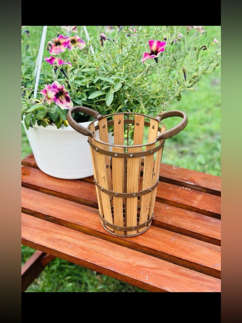 Vintage Slat Teakwood Gathering Basket With Cast Iron Handles and Bands